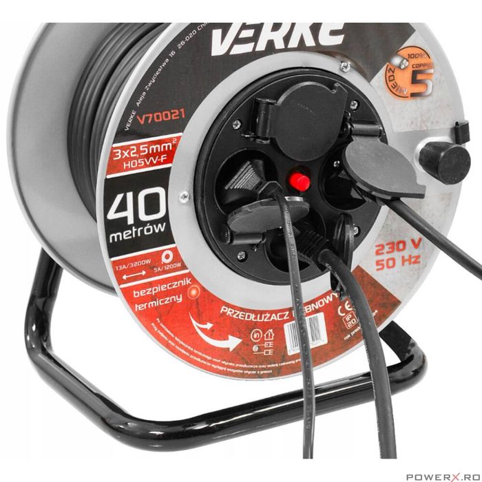 Rola prelungitor cablu cu cadru metalic 40 metri 3 x 2,5 mm Verke