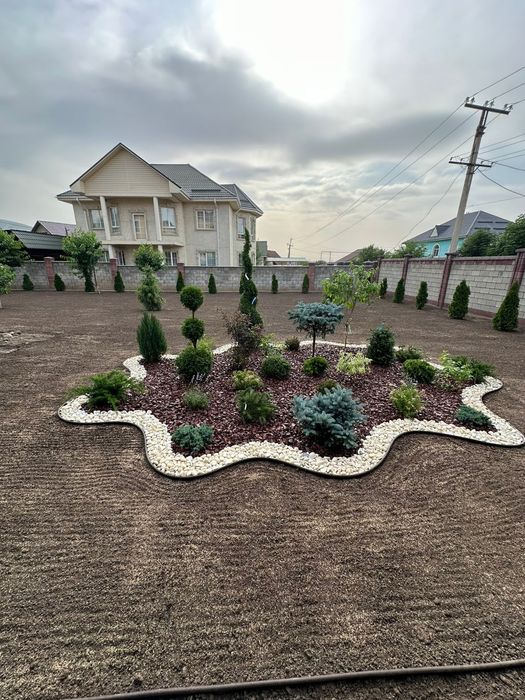 Гортензии газон елки тополя голубые ели