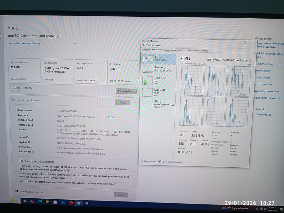 PC gaming Ryzen5 3500X 16Gb RX6600 8Gb DDR6