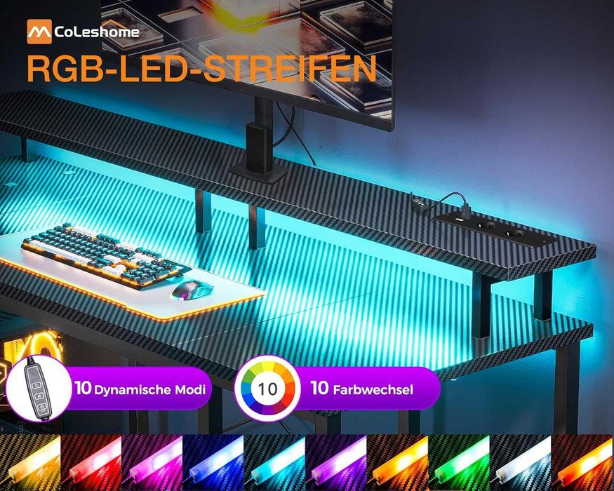 Birou Gaming Coleshome 120x50 cm, LED, prize + USB, suport monitor, Negru