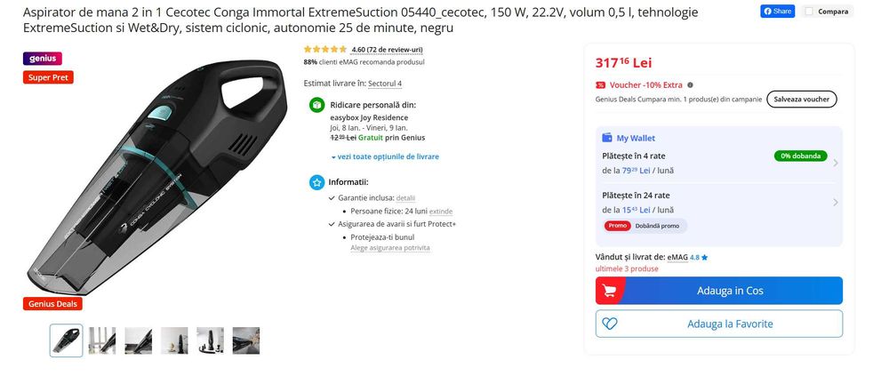 Aspirator de mana, Cecotec Conga Immortal, 150 W, 22.2V, vol. 0,5l