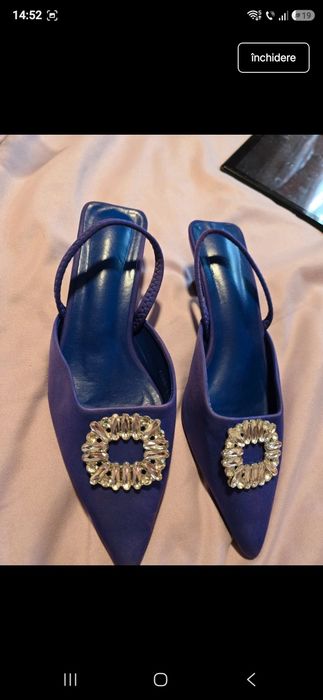 Pantofi damă slingback mov cu toc şi cataramă strasuri