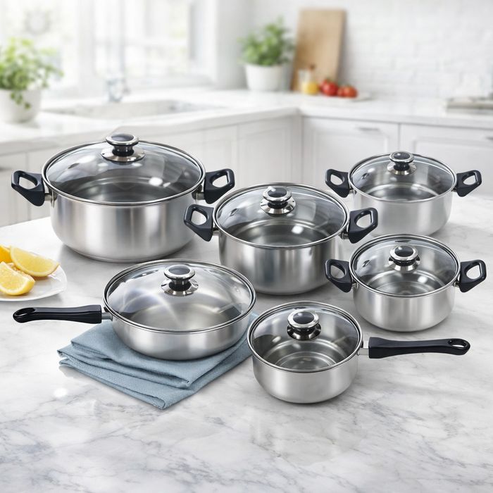 Комплект готварски съдове от инокс 12 части: 5 тенджери, тиган и стъкл