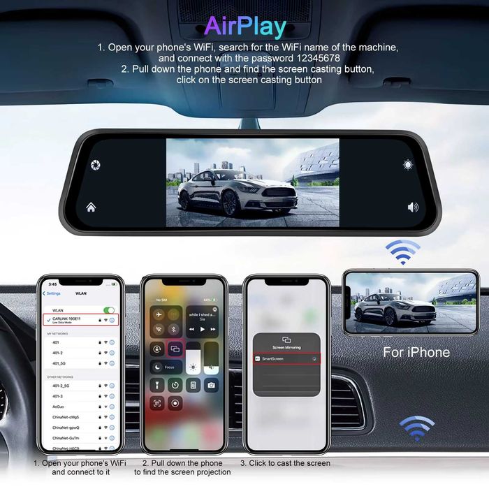 4K DVR Carplay Android auto Видеорегистратор огледало 12" AirPlay Cast