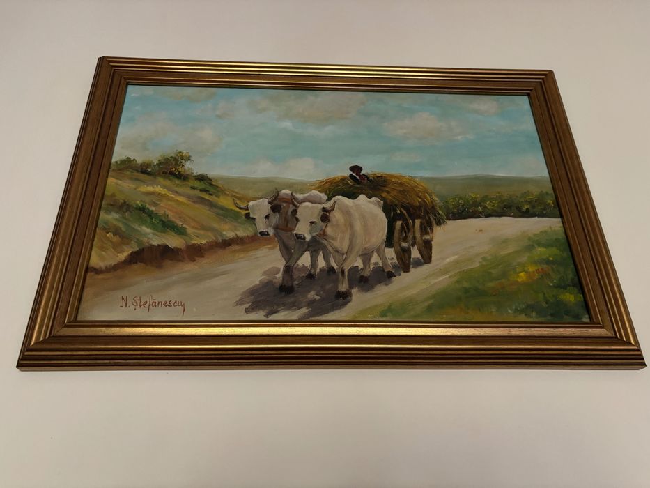 Tablou original în ulei, Carul cu boi