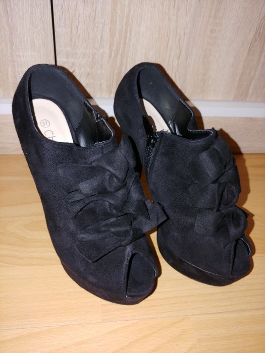 Pantofi Sandale Ghete Botine Decup Negr Platform Toc Cui Piele Intoars