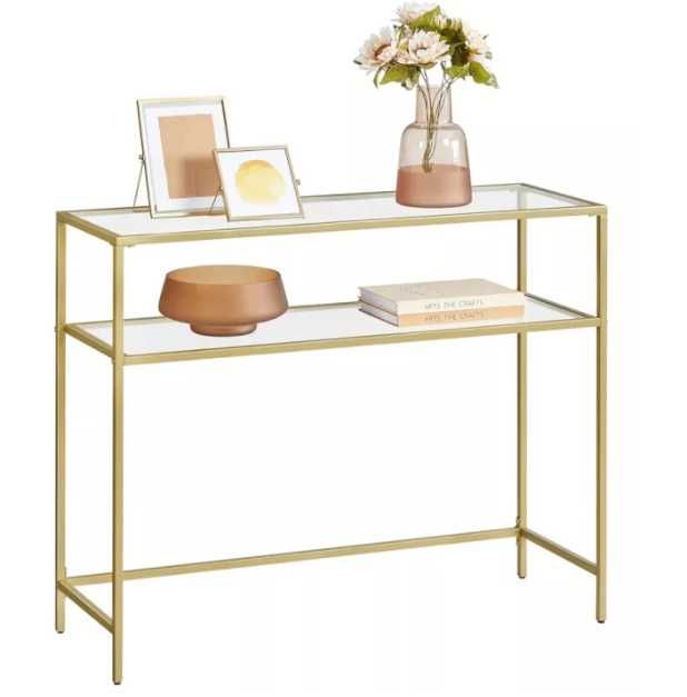 Masă/birou raft inferior cu blat din sticlă securizată, auriu 100x35x80cm