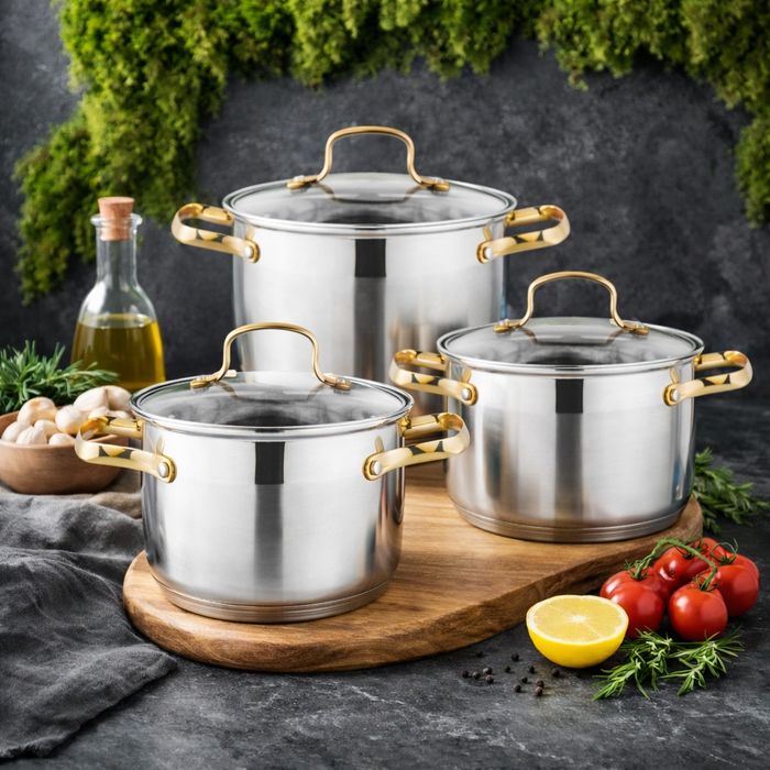 Комплект тенджери с елегантни златисти дръжки DJ24 + Подарък Ръчен чоп