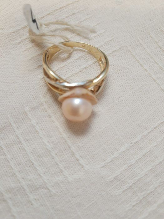 Пръстен,14 К,бяло,жълто златоРозова перла/ Мида,уникален,ръчен модел