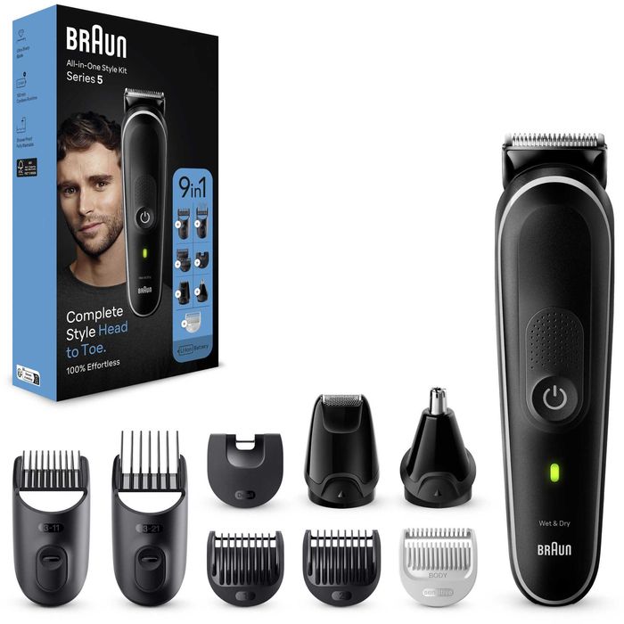 Aparat de tuns multifunctional Braun MGK5420, Wet&Dry, 9-in-1, 2 piepteni ficsi, 4 piepteni, 1 mini aparat de ras, autonomie 100 minute, Saculet