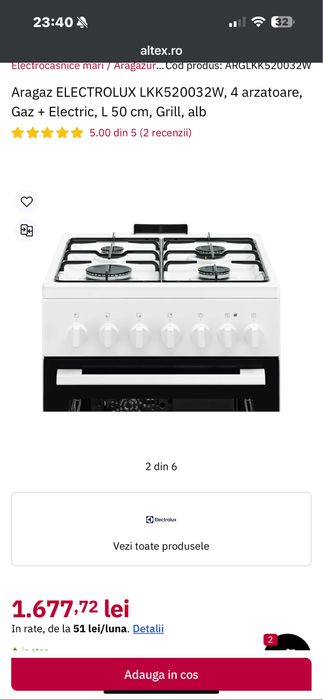 Aragaz MIXT Electrolux LKK520032W/4 Arzatoare/Cup electric/50CM/ClasaA