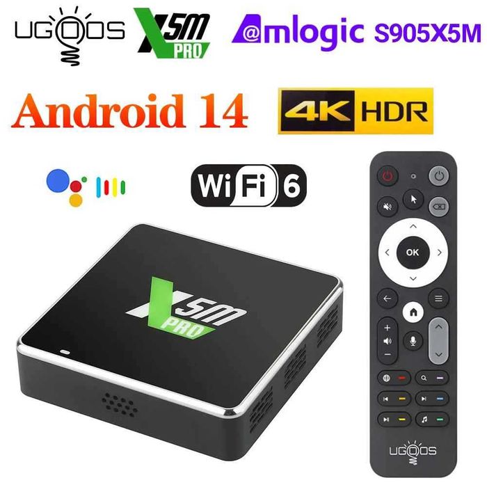 UGOOS X5M PRO ТВ БОКС Android 14 Amlogic S905X5M LPDDR4 4GB 32GB Поддръжка AI-SR CEC AV1 WiFi6 BT5.4 1000M с BT гласово дистанционно