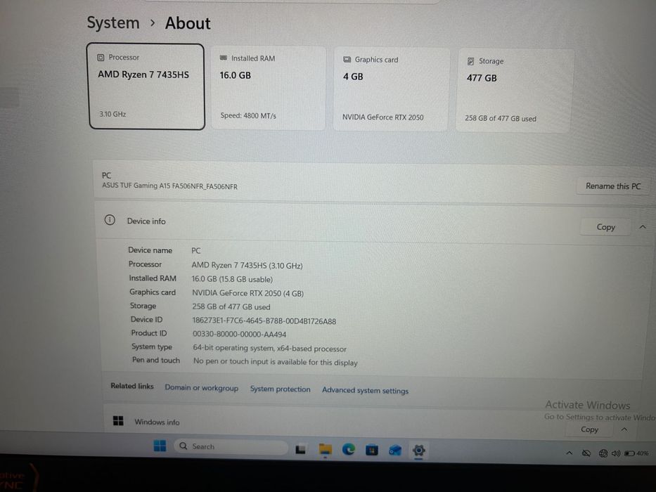 Laptop gaming Asus Tuf A15  FA506N AMD Ryzen 7 , 16Gb DDR 5, ssd 512 m2 video Nvidia RTX 2050 de 4 gb