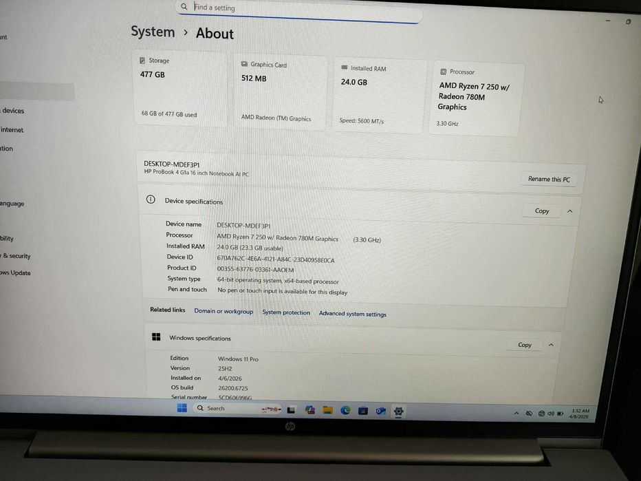 Laptop HP ProBook G11 Ryzen 7 / 24GB RAM / 512GB SSD – NOU