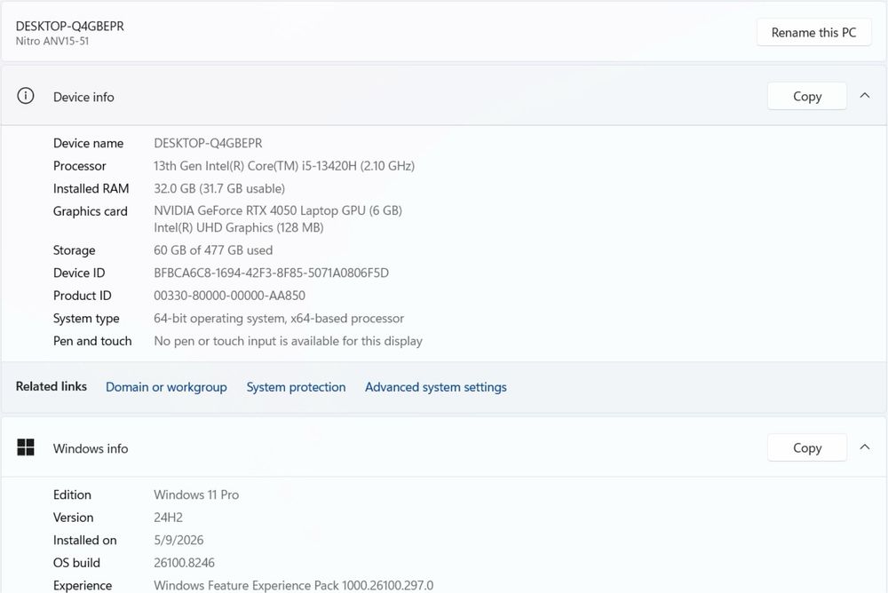 Laptop gaming Acer Nitro ANV15-51, NVIDIA GeForce RTX 4050, 32GB RAM, Intel i5, 477GB SSD, ecran Full HD 144Hz