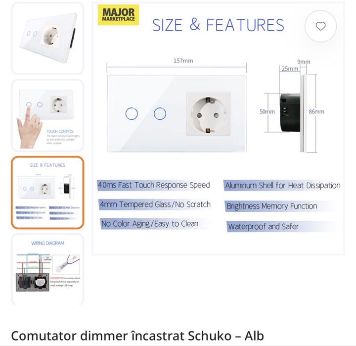 Vand comutator cu touch si priza cu rama din sticla