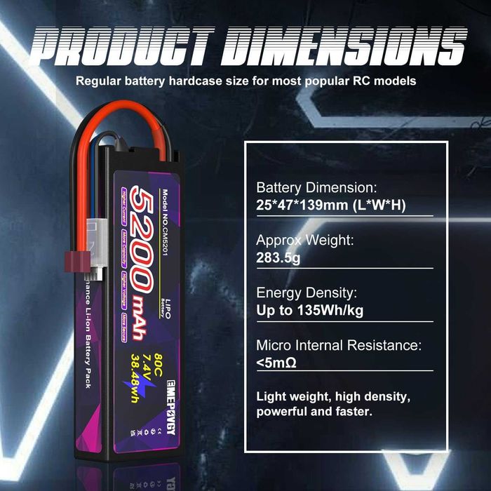 Baterii Lipo 7.4V 2S 5200mAh 80C Lipos, conector T  vehicule RC 1/8 1/10,pachet 2buc,sigilat