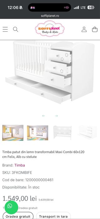 Timba patut din lemn transformabil Maxi Combi 60x120