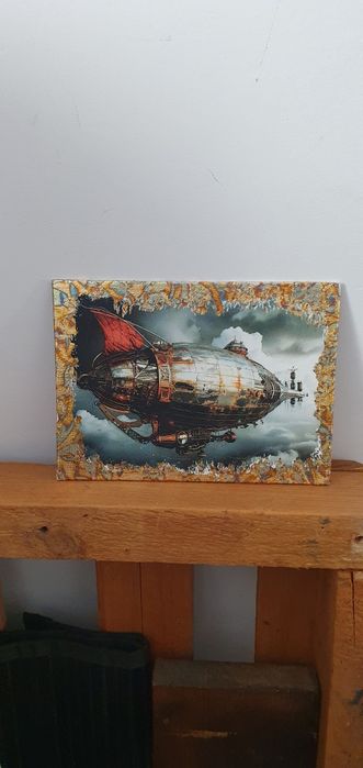 Tablou steampunk zepelin cu foita de aur
