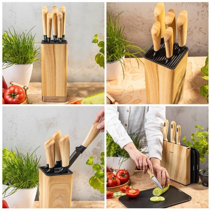 Set 5 cutite de bucatarie din otel inoxidabil cu suport, manere
