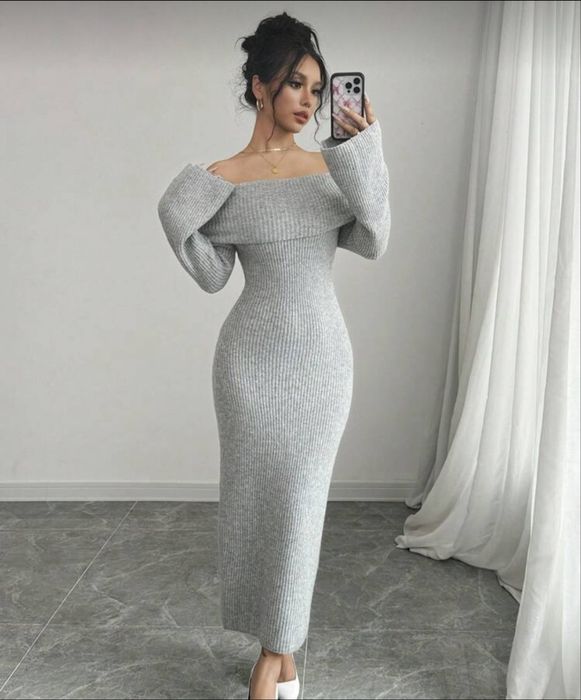 Дамска елегантна сива рокля