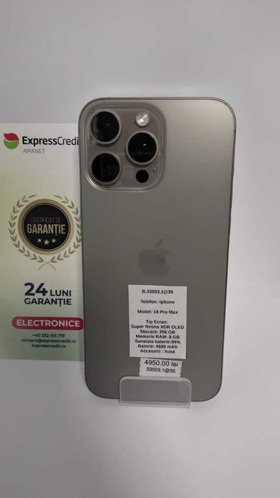 (AG 35) Telefon Iphone 16 Pro Max B.33503 / Garantie 2 ani/ 4850 lei