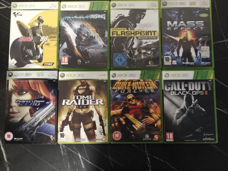 Lot xbox 360 Mass effect, Metal gear, perfect dark, duke, cod, tomb ra