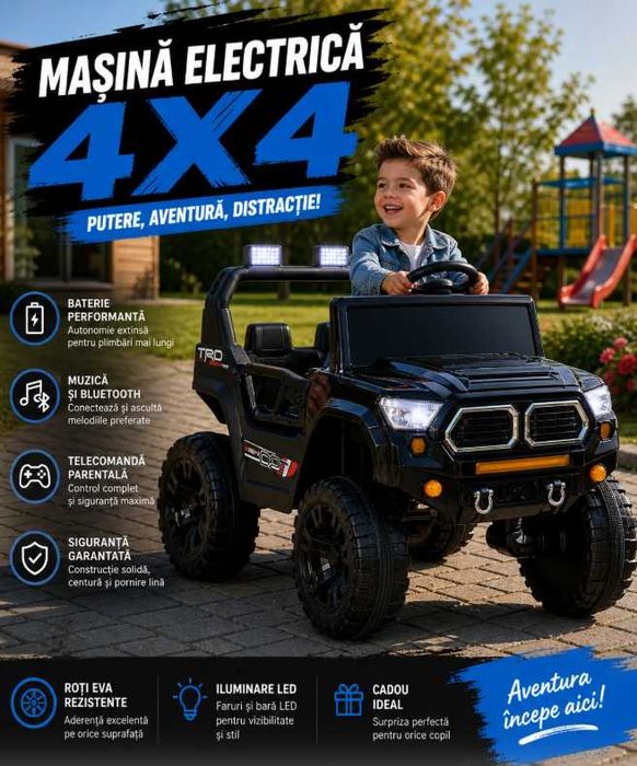 Masina electrica copii Jeep, cu telecomanda, Bluetooth si muzica, lumina, dimensiuni 85×61×54 cm, Negru