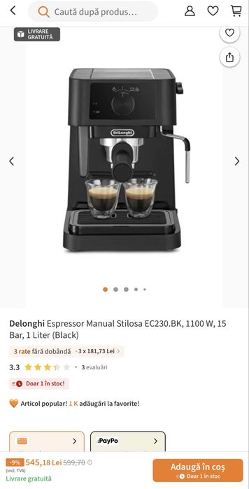 Espressor Delonghi cu spumare lapte