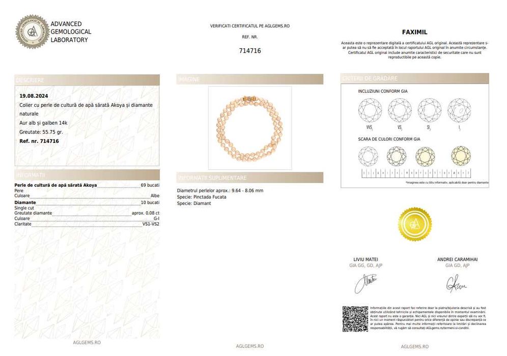 Colier din perle Akoya, cu închizătoare din aur decorată cu diamante