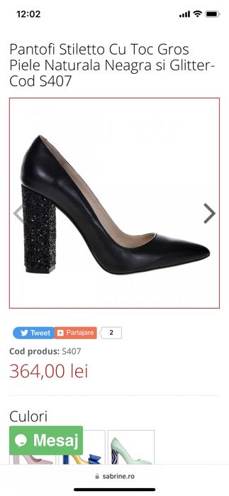 Pantofi Stiletto Cu Toc Gros Piele Naturala Neagra si Glitter