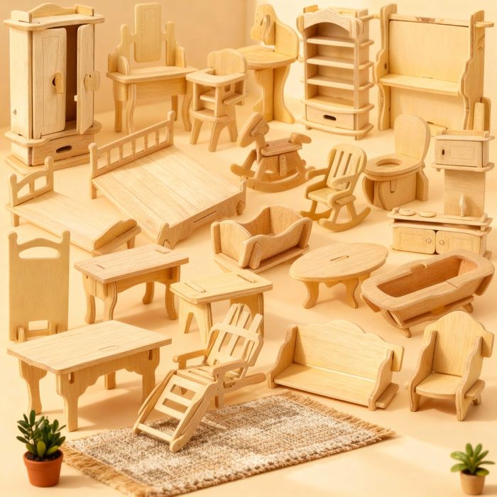 Set mobilier din lemn casa papusi 34 piese miniaturi DIY pt. asamblat
