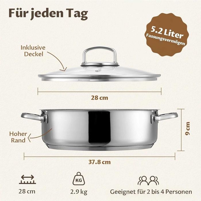 Tigaie sauté Bezia de 28 cm cu margine înaltă și capac