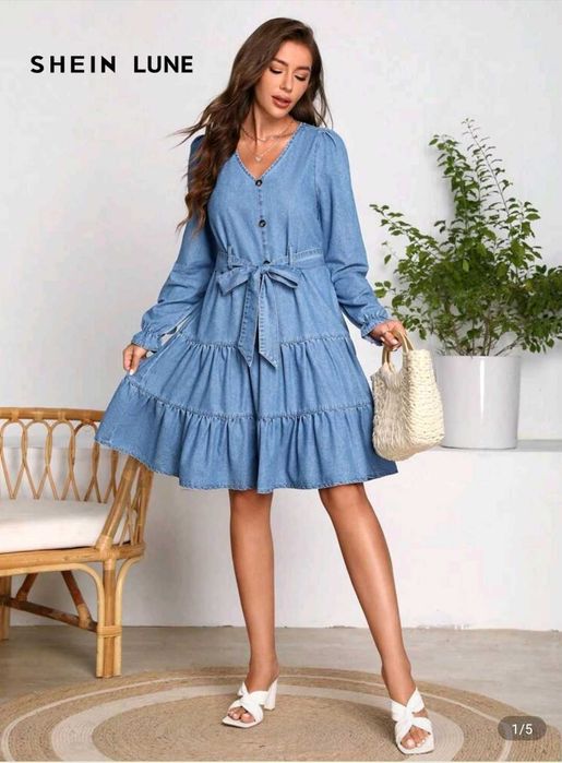 Дамска дънкова рокля с дълъг ръкав