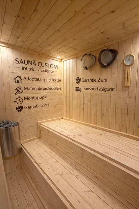 Sauna finlandeza custom interior/exterior, adaptata spatiului si nevoilor tale , materiale profesionale, montaj rapid, garantie 2 ani