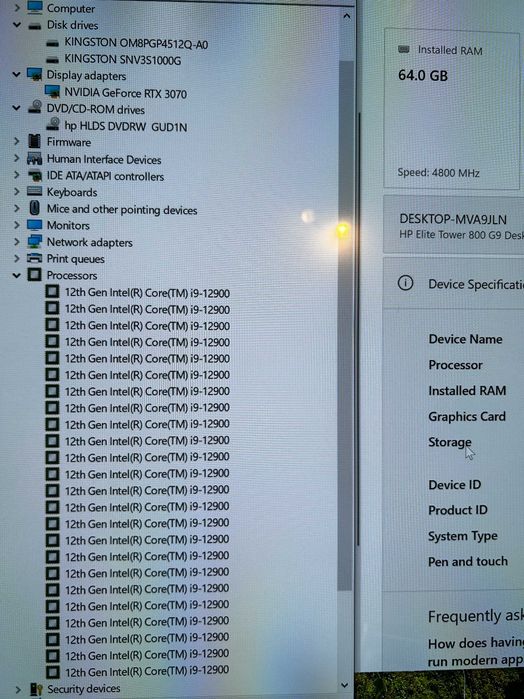 Геймърски i9 12900/RTX 3070/64gb рам/Nvme 1.5tb/HP Elite Tower 800 G9