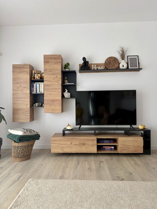 Mobila living, aspect lemn natural si antracit