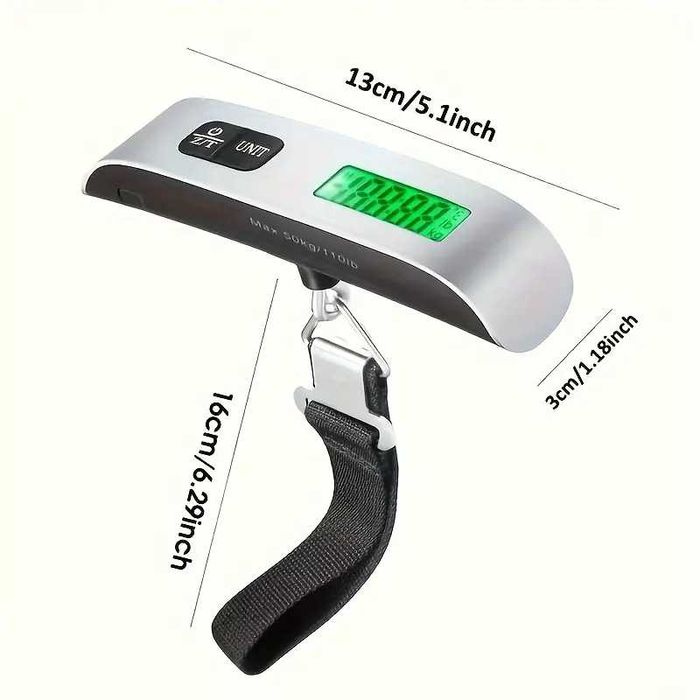 Cantar bagaje de mana piata pescuit afisaj LCD iluminat verde 1g-50kg. Functie tara dimensiune 12.5 x 2.8 x 2.8 cm dimensiune curea 22.4 cm Pret 20lei