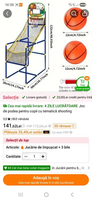 Vand cos baschet copii, 122cm înălțime + 2 mingii