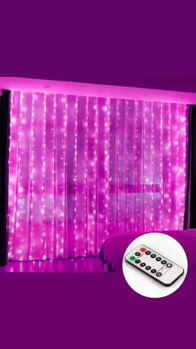 Гирлянда Штора Роса Новая 3х2м С Пультом и крючки крепления Розовый