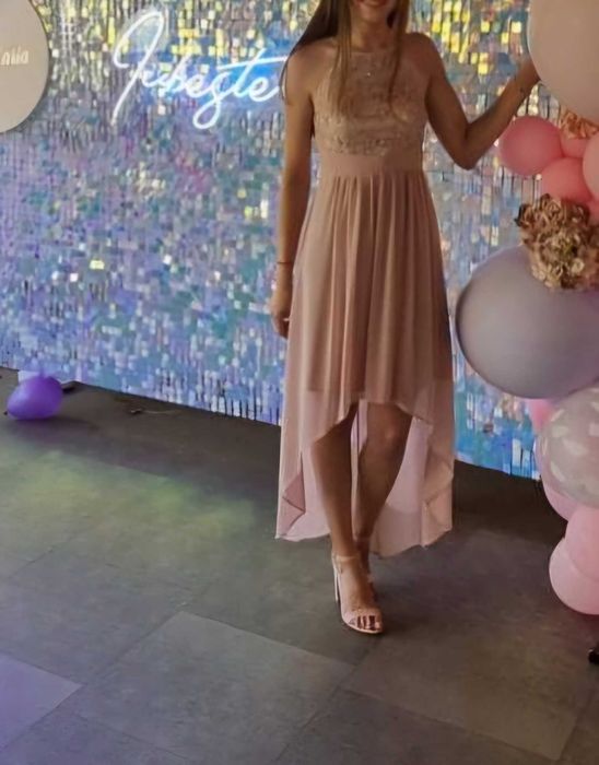 Rochie roz cu perle, delicata/ ocazie speciala/ nunta