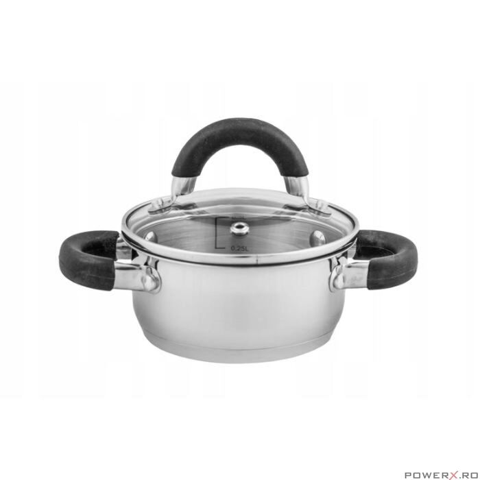 Oala din inox cu capac sticla, fund termic multistrat, 1litru, 14cm,