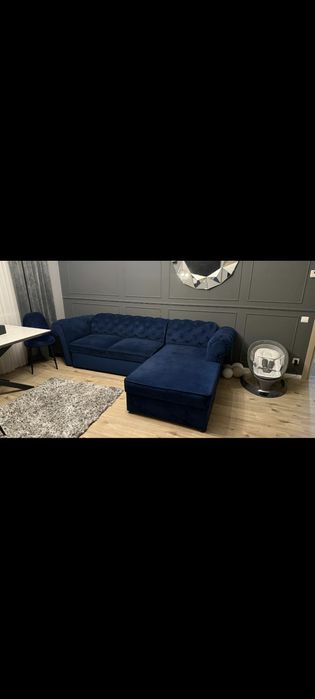 Canapea catifea velvet albastru – extensibilă, cu ladă
