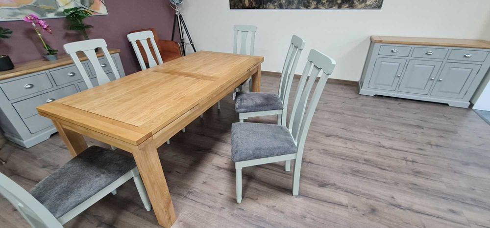 ПРОМОЦИЯ! Нова дървена разтегателна трапезна маса от дъб с шест стола