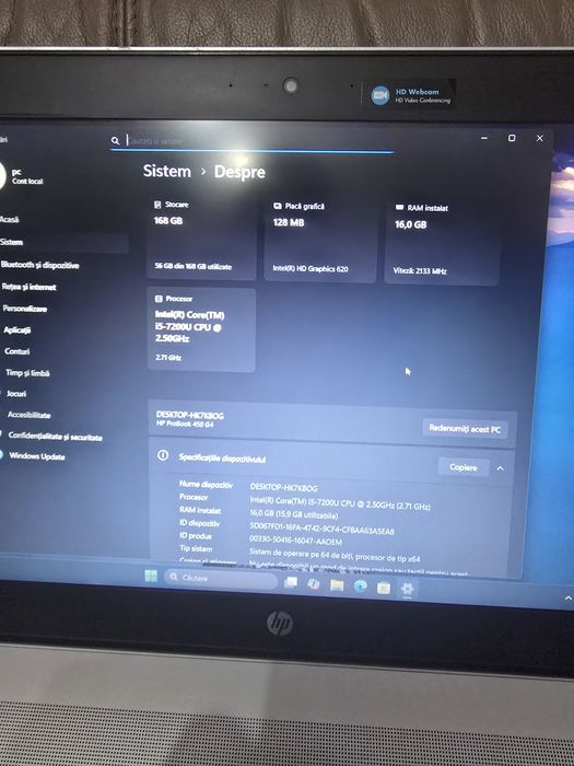 Laptop HP, i5-7200, ram 16g , ssd 180gb, bat 4 ore