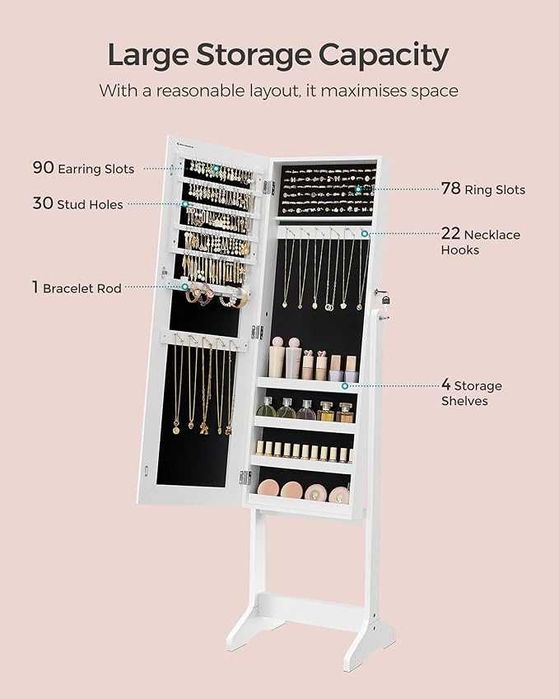 Oglinda integrala cu organizator bijuterii, Songmics, 151 cm, alb
