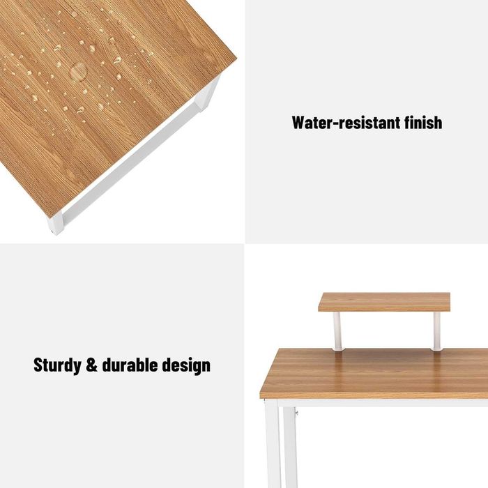 Компютърно бюро с рафтове за съхранение, дървено и метално дъбово бяло