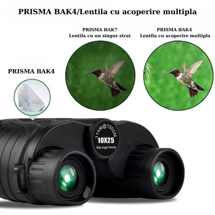 Binoclu 10x25 pentru adulti si copii, Zoom optic 10x, Negru