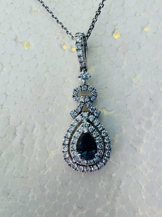 Lanț cu Pandantiv Aur 18K, Safir Verde 0.35 Ct și Diamante 0.55 Ct + Certificat