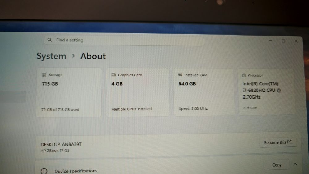 Laptop HP Zbook 17 g3,i7,64gb ram,512+256 ssd,+dock+monitor  Z-display